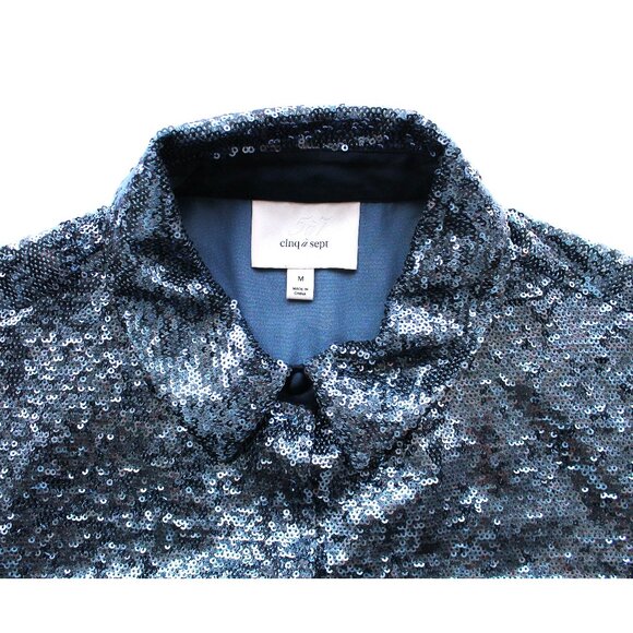 Cinq à Sept Isha Sequin Point Collar Shirt / Medium / Onyx Blue Blouse Holiday - Picture 11 of 12